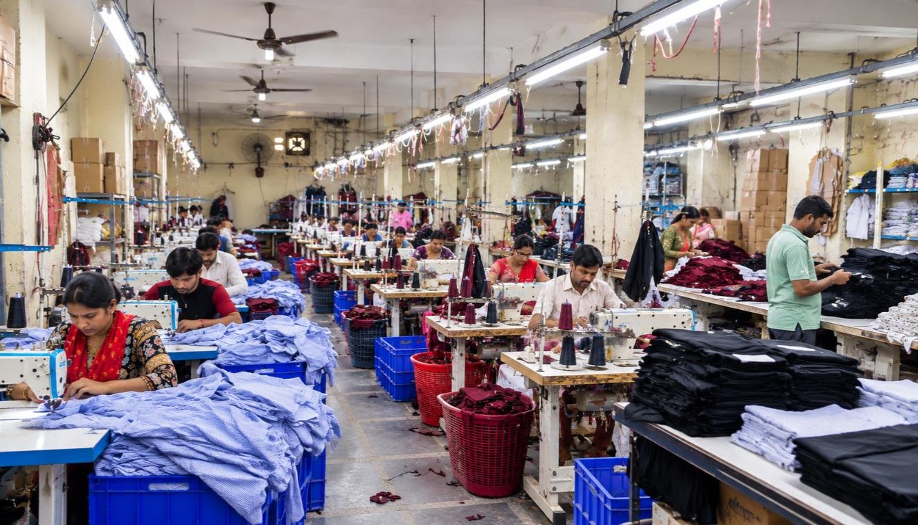 Wide view of WOZTY's garment manufacturing facility with sewing machines and production in progress