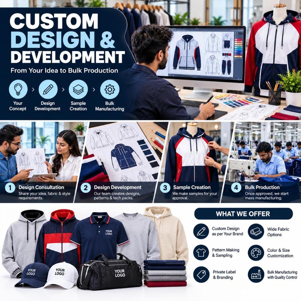 Custom garment design and development process at WOZTY's manufacturing facility