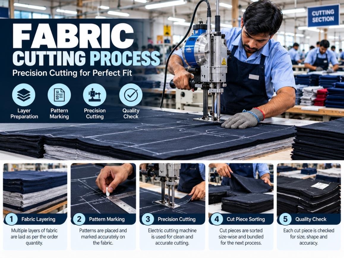 Fabric cutting process at WOZTY's garment manufacturing facility