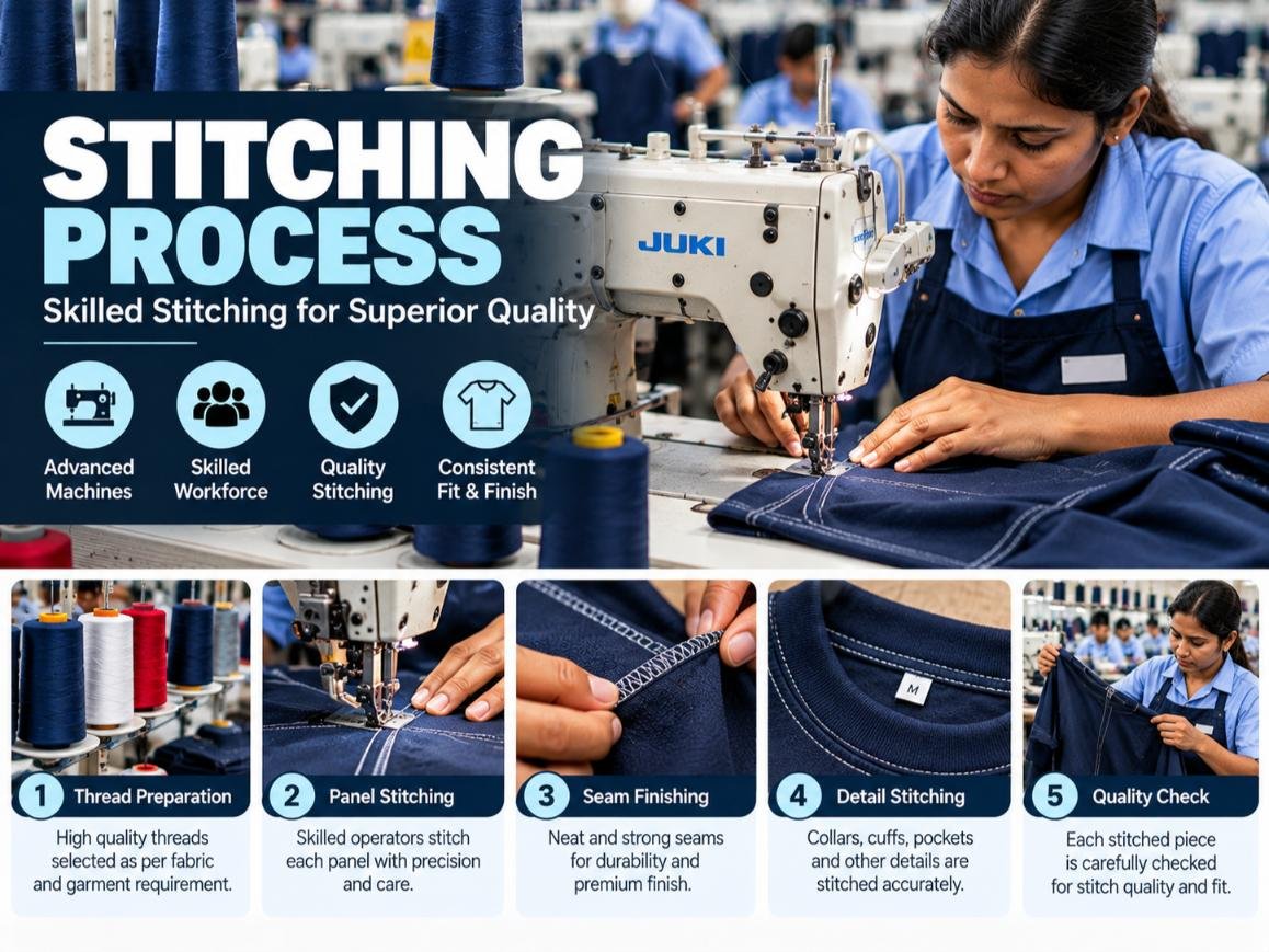 Stitching process at WOZTY's garment manufacturing facility