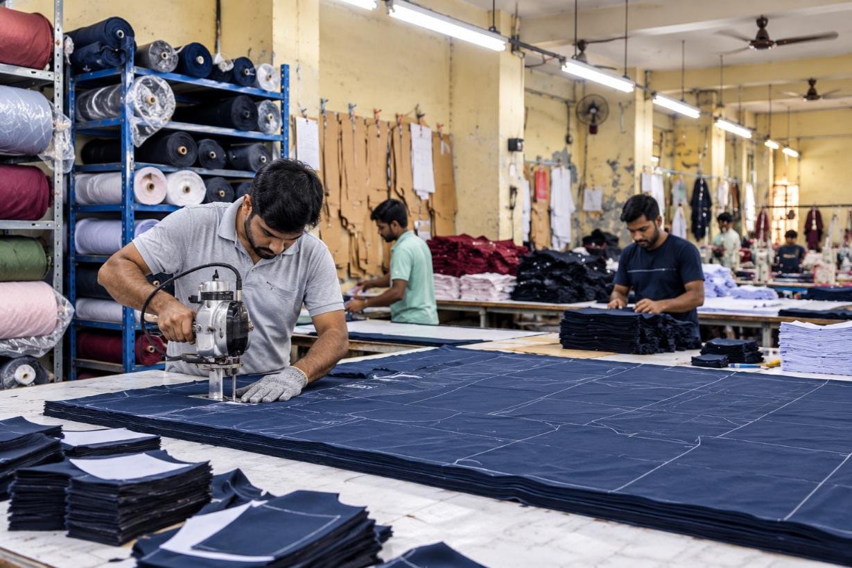 Fabric and cutting area at WOZTY's garment manufacturing facility