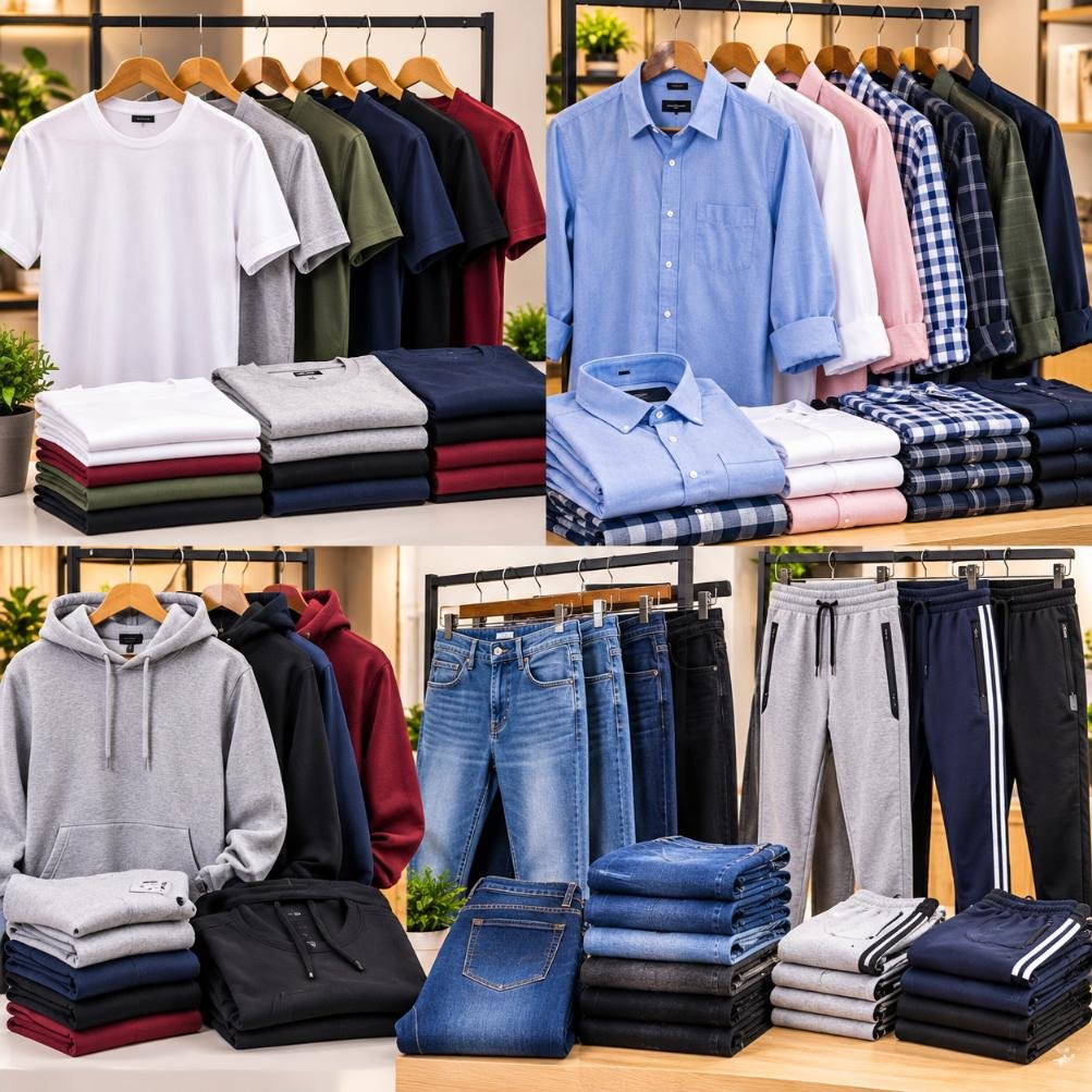 Men's wear garments manufactured by WOZTY including t-shirts, shirts and hoodies