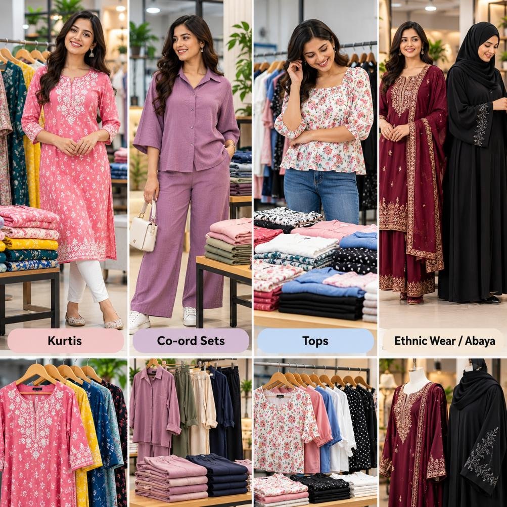 Women's wear garments manufactured by WOZTY including kurtis, co-ord sets and ethnic wear