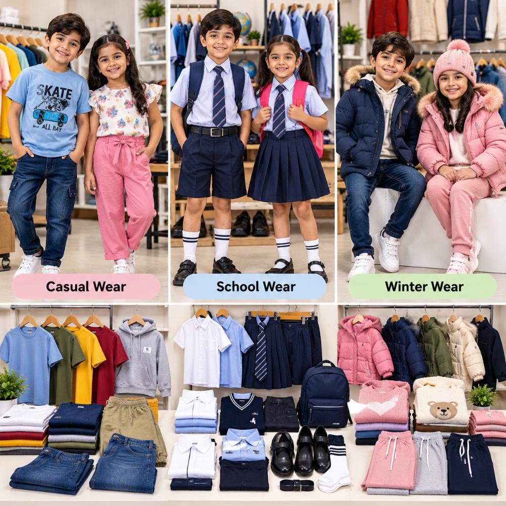 Kids wear garments manufactured by WOZTY including casual and school wear