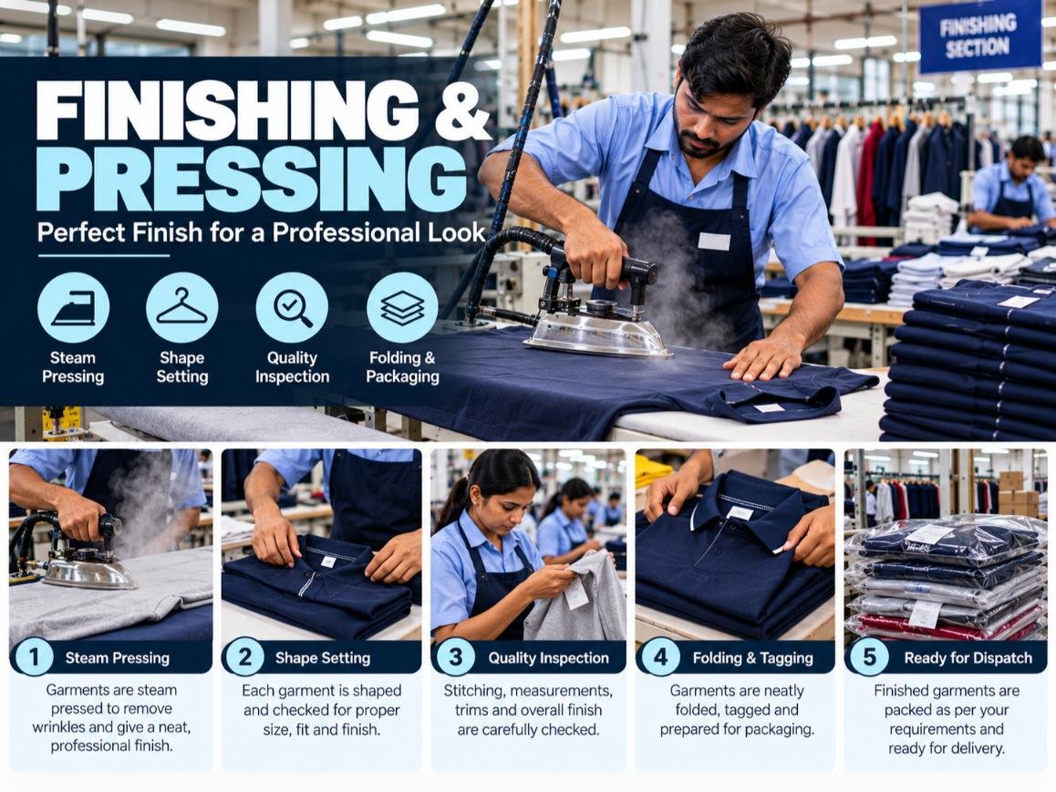 Finishing and pressing process at WOZTY's garment manufacturing facility